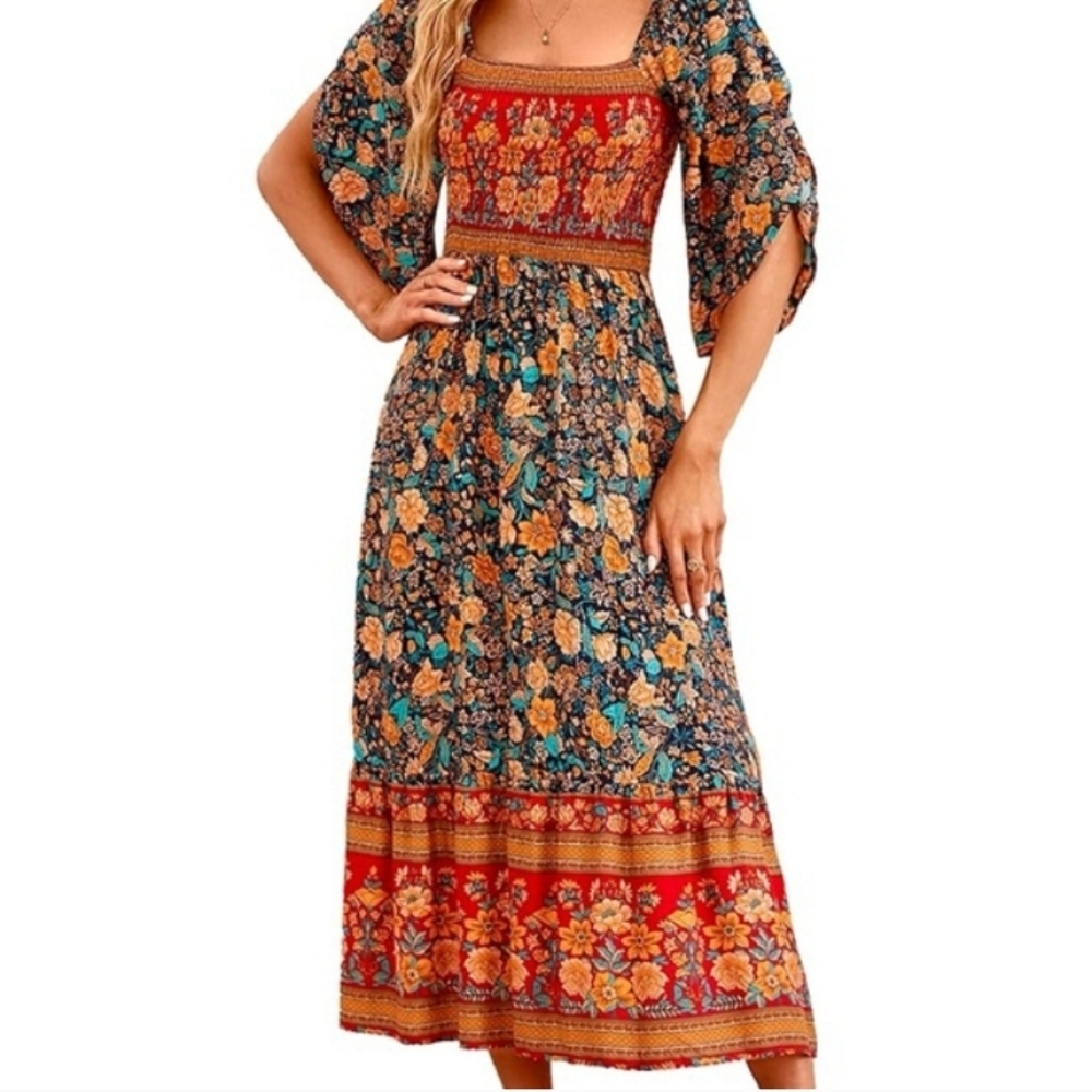 Cavozeda long floral smocked maxi dress, Sz 6, 16" PTP(Stretchy), 48" L